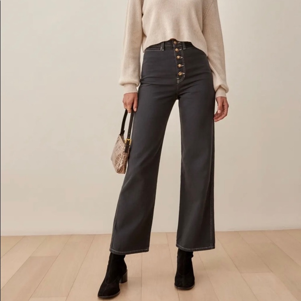 Reformation High-Rise Button-Fly Bootcut Jeans in Charcoal